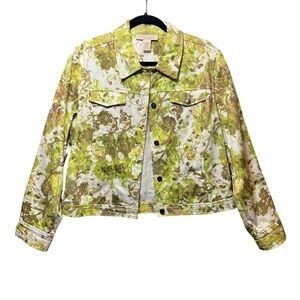 Metallic Floral Print Denim Jacket Green Gold Button Front Lightweight‎ Large